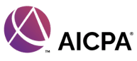 Logo featuring a stylized triangular design in purple and pink gradient with the word "AICPA".